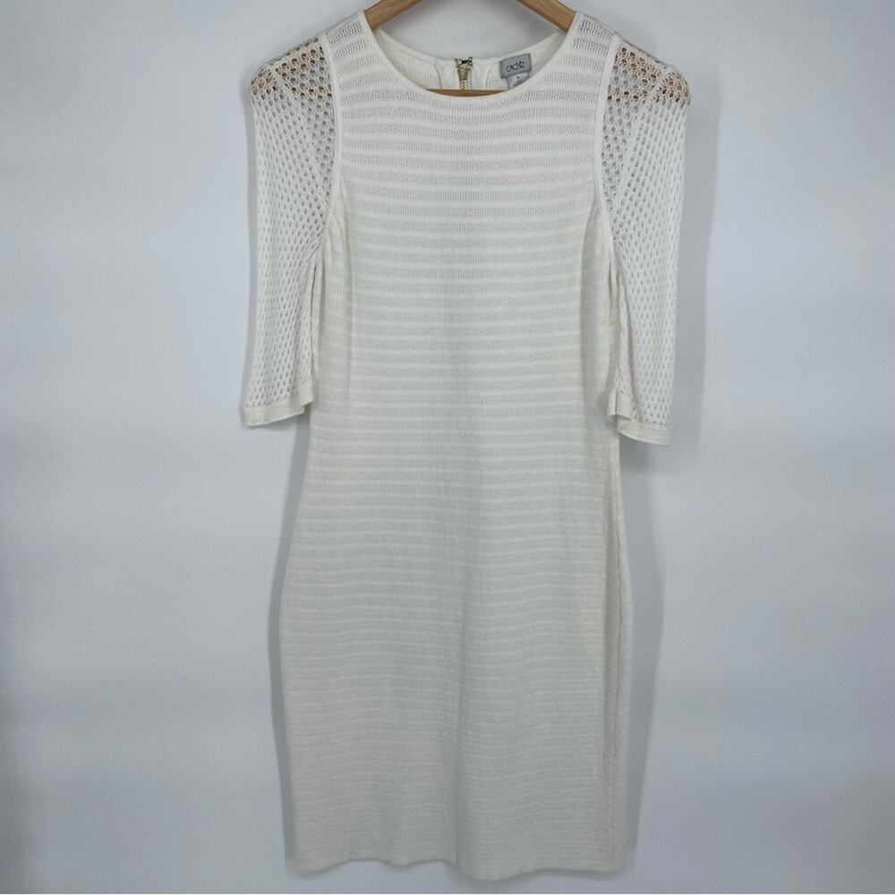 CACHE Dress Ivory Winter White Knit Crochet Trim Sleeve Bodycon Cocktail M